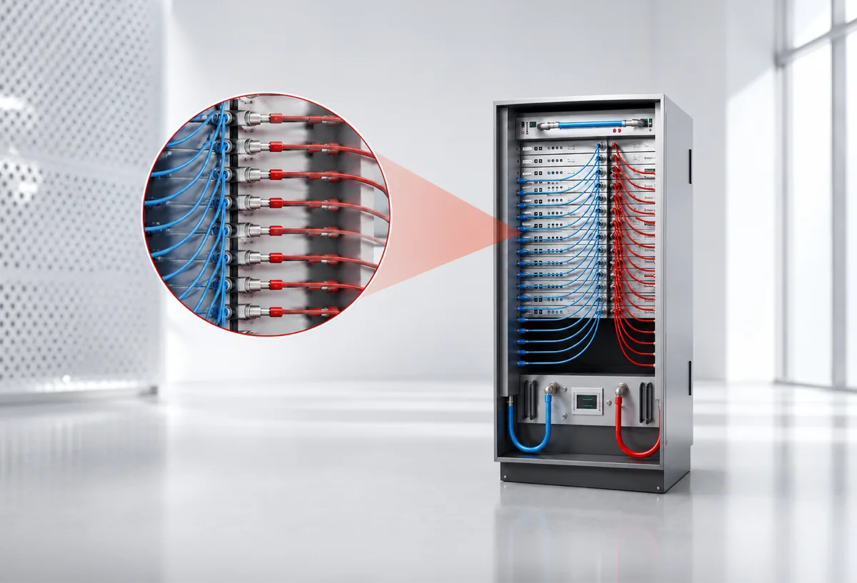 Serverrack mit Liquid-Cooling-Schlauchleitungen und Detailansicht der Anschlüsse