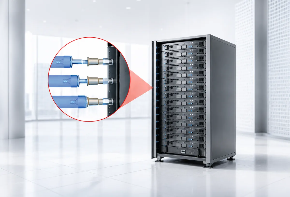 Serverrack mit Schnellkupplungen und Detailansicht der Verbindungstechnik